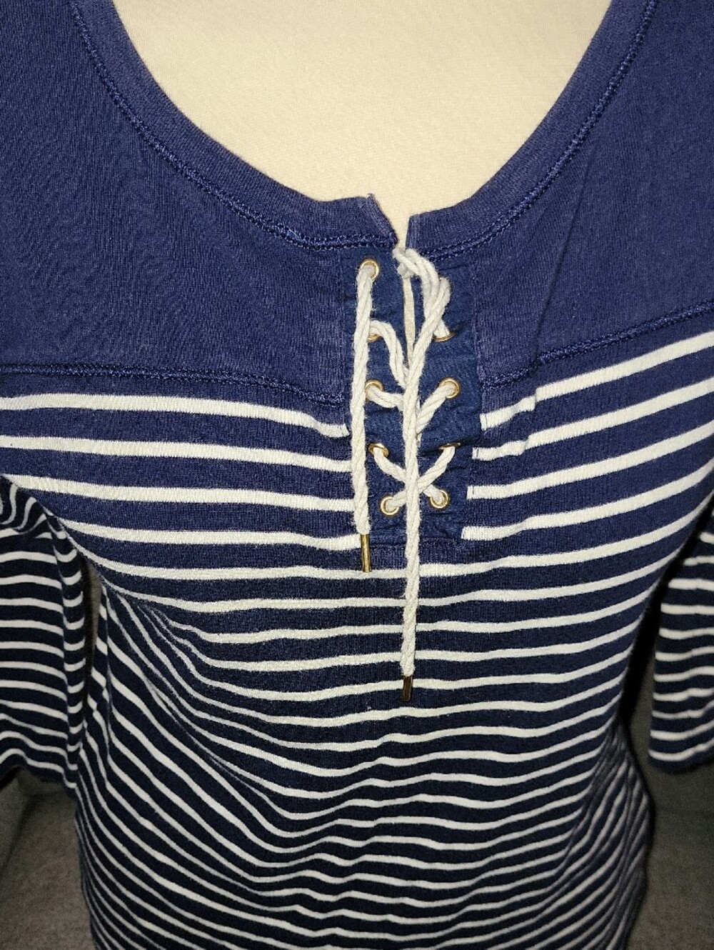 Ralph Lauren Navy and White Lace-Up Striped Long Sleeve Tee - Picture 2 of 6